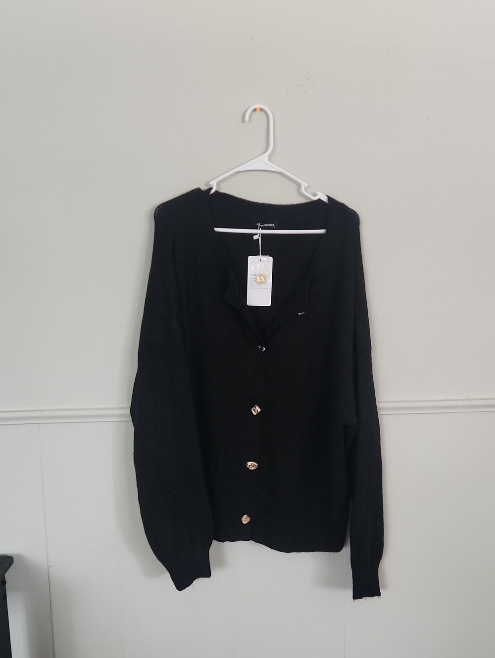 Black Women's Button-Front Cardigan with Gold Accent Buttons